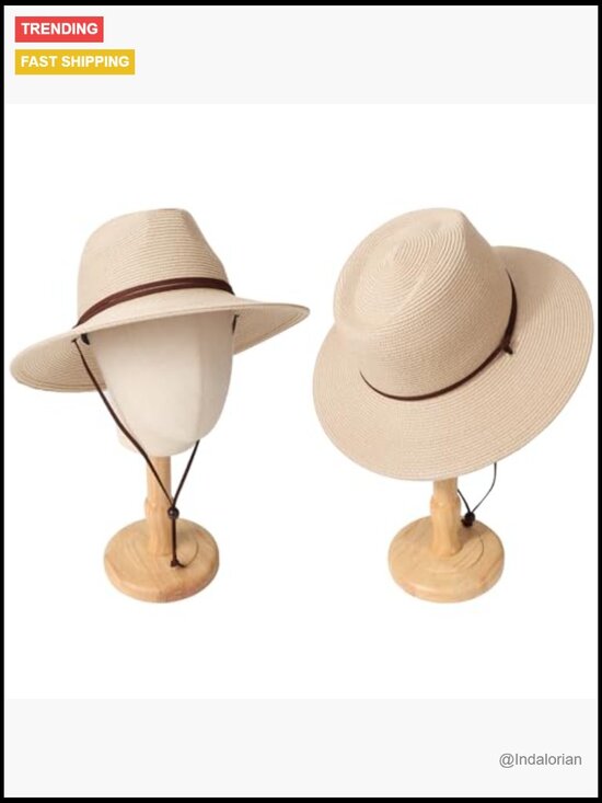 Straw Sun Hat Wide Brim Bucket Fedora with Chin Strap UPF 50+